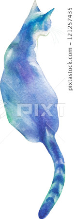 A turquoise and purple watercolor stray cat sitting with its back 121257435