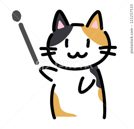 Hand-drawn illustration of a cat holding a pointer 121257533