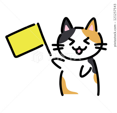 一隻貓舉著旗幟歡呼的手繪插圖 一隻貓舉著旗幟歡呼的手繪插圖 121257543