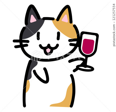 Hand-drawn illustration of a cat holding a glass of wine 121257554