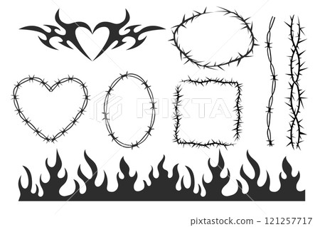 Neo tribal pink emo heart, wings and flame y2k aesthetic tattoo gothic, fire or wings abstract silhouette isolated on background. Divider, border, cyber body ornament, neotribal web goth decoration 121257717