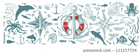 Set of marine symbols wind rose, anchor and fish. hand drawn. Not AI, Vector illustration 121257724