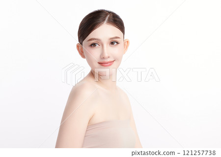 Beautiful young asian woman with clean fresh skin on white background, Face care, Facial treatment, Cosmetology, beauty and spa, Asian women portrait. 121257738