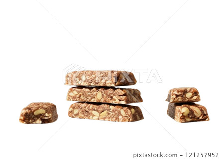 Group nuts energy bars on isolate white 121257952