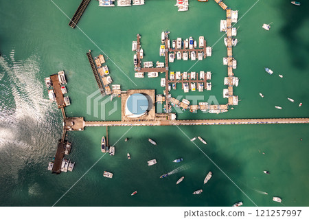 Chalong pier with sailboats and other boats at the sea Top view frome drone camera,Phuket Thailand 121257997