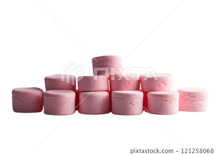 Group pink Delicious marshmallow on white background 121258068