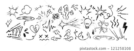 Hand drawn line movement elements, doodle chalk pencil anime manga expression symbols, action lines 121258108