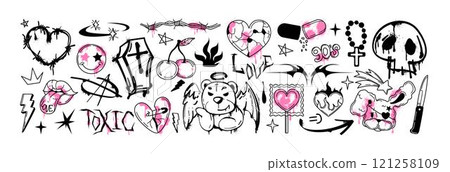 Spray paint graffiti inky bear, smile face emoji, coffin with cross and street art goth stickers 121258109
