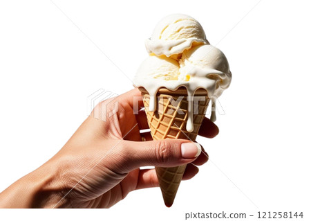 Hand holding ice cream cone isolated on the middle on isolate transparency background, PNG 121258144