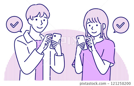 穿著休閒服的年輕男女在智慧型手機上搜索，簡單而流行 向量例證 121258200