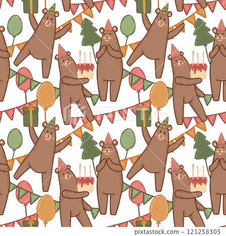 Party bears in a repeating pattern with birthday details and decor. Adorable vector for celebration projects and playful prints. Includes cakes, letters, gifts, and festive decorations in cute style Party bears in a repeating pattern with birthday details and decor. Adorable vector for celebration projects and playful prints. Includes cakes, letters, gifts, and festive decorations in cute style 121258305