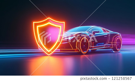 A gradient backdrop with a car and a bold glowing shield icon in the foreground. A gradient backdrop with a car and a bold glowing shield icon in the foreground. 121258567
