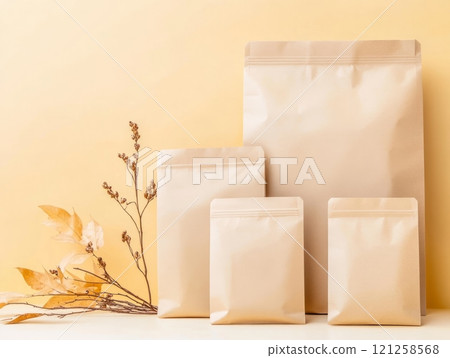 Recyclable kraft paper pouches standing up with autumn decoration Recyclable kraft paper pouches standing up with autumn decoration 121258568