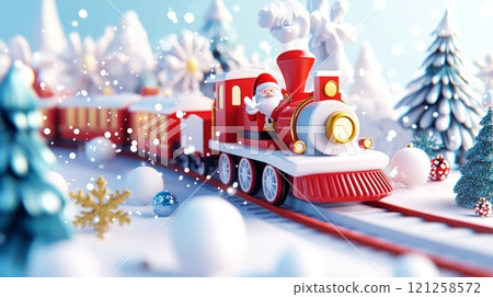 Festive holiday train surrounded by snowy landscapes and Christmas decorations, creating a magical scene 121258572