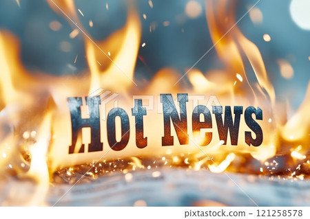 Burning newspaper with Hot News headline, symbolizing urgency and impactful information Burning newspaper with Hot News headline, symbolizing urgency and impactful information 121258578