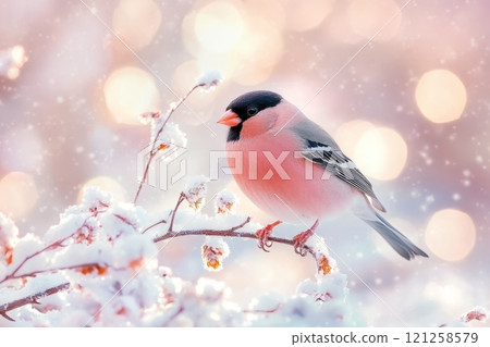 Eurasian bullfinch perching on snowy branch in winter wonderland Eurasian bullfinch perching on snowy branch in winter wonderland 121258579