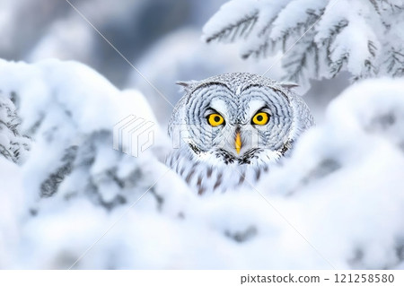 Great grey owl hiding in snowy forest during winter Great grey owl hiding in snowy forest during winter 121258580