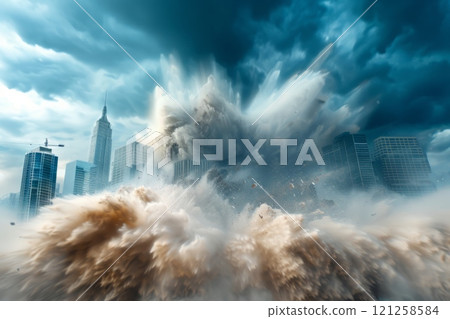 Post-apocalyptic scenes showcasing destruction and desolation caused by massive explosions. Post-apocalyptic scenes showcasing destruction and desolation caused by massive explosions. 121258584