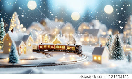 Festive holiday train surrounded by snowy landscapes and Christmas decorations, creating a magical scene Festive holiday train surrounded by snowy landscapes and Christmas decorations, creating a magical scene 121258595