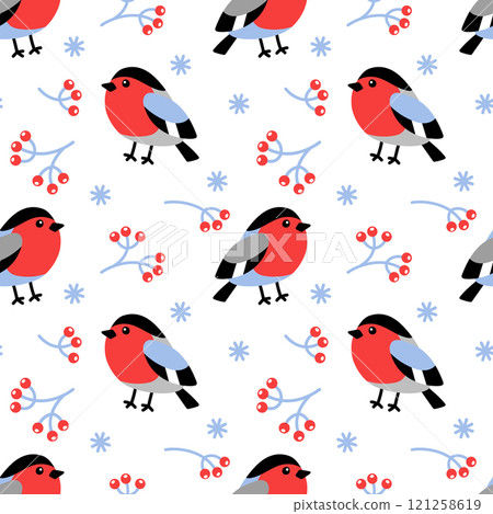 Seamless pattern with cartoon bullfinch, branches with red berries and snowflakes on white background. Winter pattern for print, fabric, wrapping paper. Vector illustration Seamless pattern with cartoon bullfinch, branches with red berries and snowflakes on white background. Winter pattern for print, fabric, wrapping paper. Vector illustration 121258619