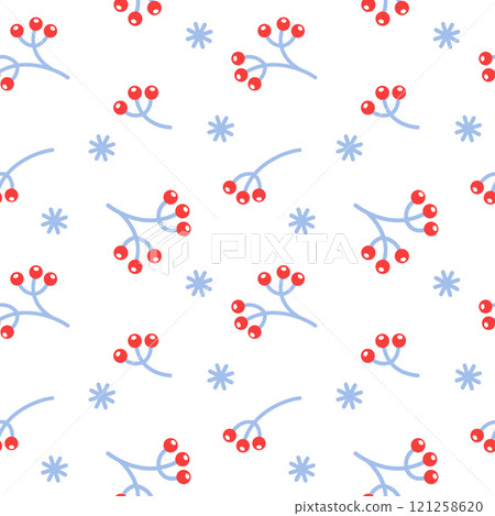 Seamless pattern with cartoon branches with red berries and snowflakes on white background. Winter pattern for print, fabric, wrapping paper. Vector illustration Seamless pattern with cartoon branches with red berries and snowflakes on white background. Winter pattern for print, fabric, wrapping paper. Vector illustration 121258620