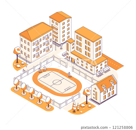 Sports stadium behind the fence - vector isometric illustration 121258806