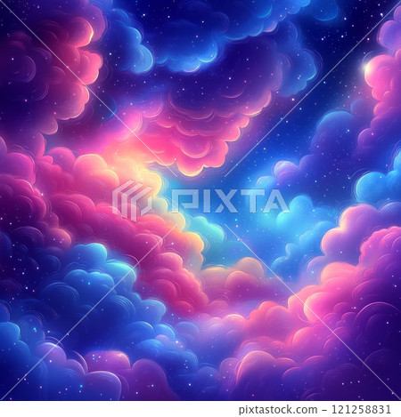 Colorful cartoon vector background illustration of sky with clouds 121258831