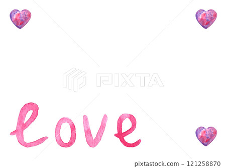 Word love hand written with watercolors with purple hearts in corners, horizontal frame isolated on white. Hand painted illustration. Perfect St Valentine day, for love cards, posters. Pink and purple 121258870