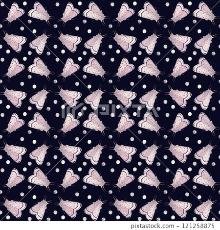 Pink butterflies and pearls watercolor seamless pattern on dark background. Hand painted illustration perfect for wrapping paper, scarfs, cosmetic bag, textile, scrapbooking. Victorian vibe clip art Pink butterflies and pearls watercolor seamless pattern on dark background. Hand painted illustration perfect for wrapping paper, scarfs, cosmetic bag, textile, scrapbooking. Victorian vibe clip art 121258875