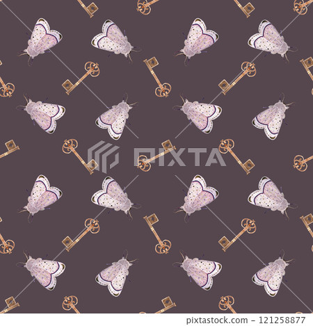 Antique key and pink moth watercolor seamless pattern on purple basil background. Hand painted textured clip art perfect for wrapping paper, textile, stationary decor, scrapbooking. Vintage clipart 121258877
