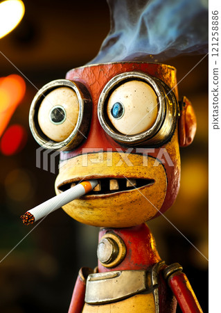 A robot with a cigarette in his mouth A robot with a cigarette in his mouth 121258886