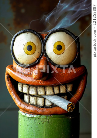 A close up of a toy with a cigarette in its mouth A close up of a toy with a cigarette in its mouth 121258887