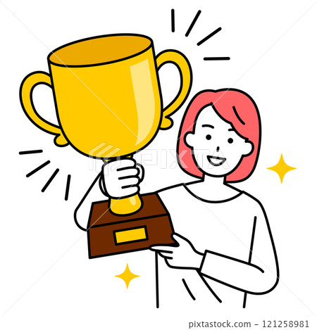 Casual woman holding a gold trophy 121258981