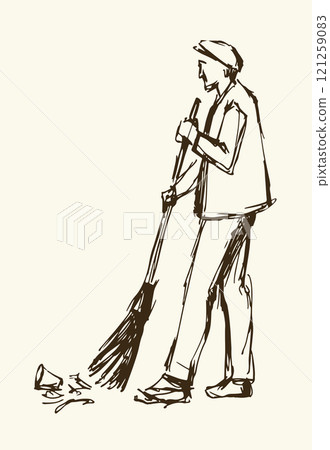 Vector Drawing. Janitor sweeping with a broom 121259083