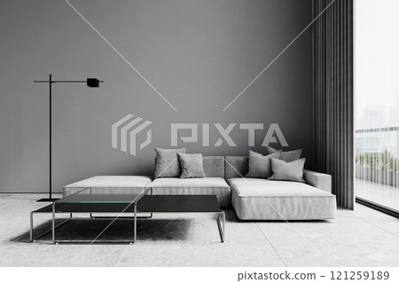 Contemporary minimalism gray interior with sofa, coffee tables and terrazzo tile. 3d render illustration mockup. 121259189