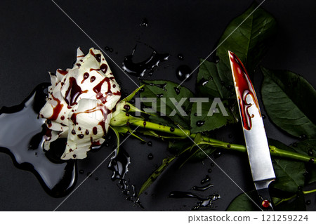 Beautiful and bloody white rose with knife on the dark background. Bloody rose - conceptual photo.  White rose with knife and blood. 121259224