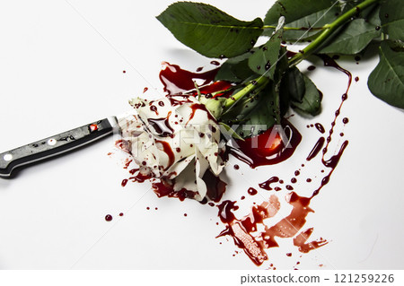 Beautiful and bloody white rose with knife on the white background. Bloody rose - conceptual photo.  White rose with knife and blood. 121259226