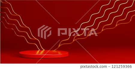 Round podium and golden lines on red background Round podium and golden lines on red background 121259366