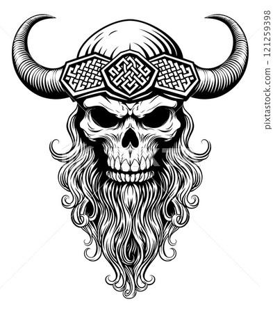 Viking Warrior Skull Man Mascot Face in Helmet 121259398