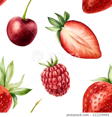 Seamless pattern with strawberry, raspberry and cherry. Hand painting sweet watercolor illustration isolated on background. For designers, menu, shop, decoration, restaurant, for postcards, wrapping 121259405