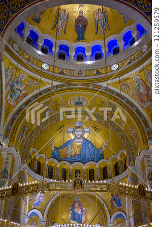 Ornate interior of the Church of Saint Sava, Serbian Orthodox church in Belgrade, Serbia 121259579
