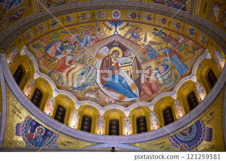 Ornate interior of the Church of Saint Sava, Serbian Orthodox church in Belgrade, Serbia Ornate interior of the Church of Saint Sava, Serbian Orthodox church in Belgrade, Serbia 121259581