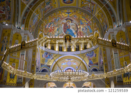 Ornate interior of the Church of Saint Sava, Serbian Orthodox church in Belgrade, Serbia 121259589