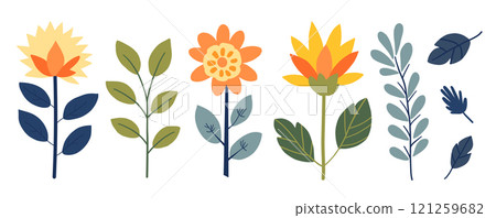 Set of flat flowers isolated on white background, Vector plant doodle illustration, Floral kit 121259682