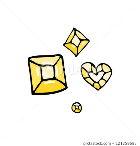 Bright yellow gemstones in heart and square shapes. Sparkling jewels with luxurious golden details, ideal for designs focused on treasure, wealth, jewelry, and glamour themes 121259685