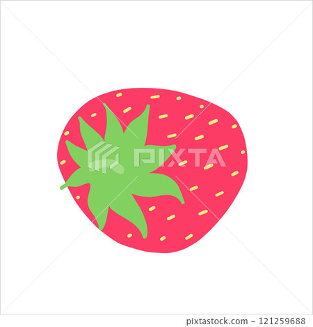 Bright red strawberry with green leaves and yellow seeds. A juicy, fresh fruit illustration, ideal for healthy food designs, summer themes, and natural, vibrant creative projects Bright red strawberry with green leaves and yellow seeds. A juicy, fresh fruit illustration, ideal for healthy food designs, summer themes, and natural, vibrant creative projects 121259688