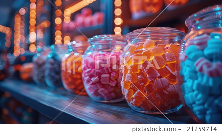 Rows of glass jars filled with colorful candies in red, pink, blue, and orange glow brightly on festive shelves, creating a joyful, vibrant, and sweet market display 121259714