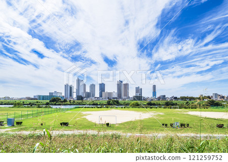 Musashi-Kosugi skyscrapers as seen from the Tama River riverbed [Kawasaki City, Kanagawa Prefecture] 121259752