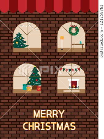 An illustration of a brick building with a view of the interior decorated with Christmas decorations. An illustration of a brick building with a view of the interior decorated with Christmas decorations. 121259763