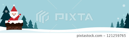 An illustration of Santa character greeting from a snowy chimney. 121259765